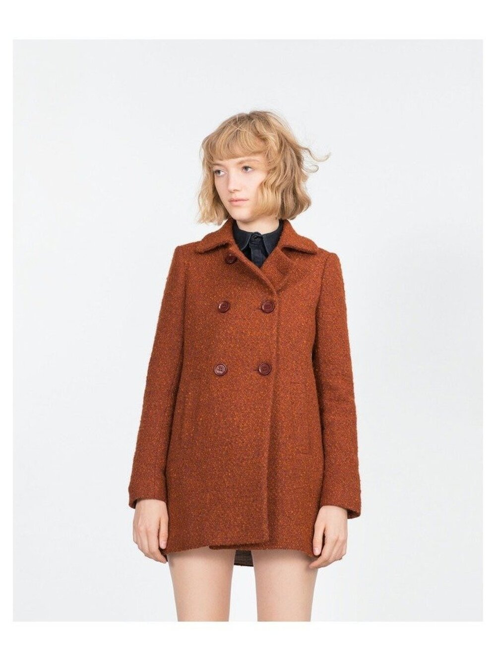Zara Outerwear Brown Double Breasted Boucle Coat Pockets Size L Jacket Peacoat